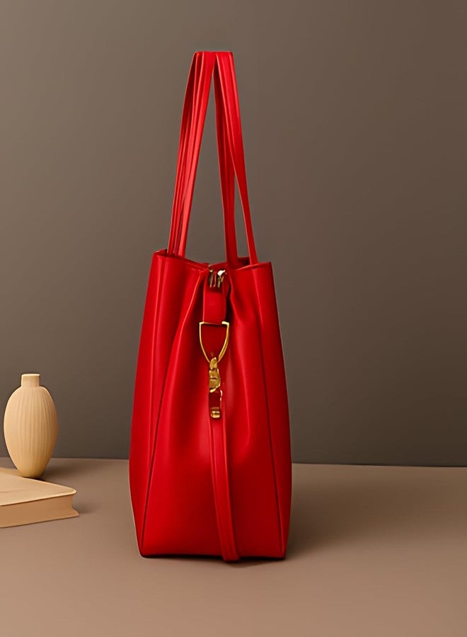 HaveGlam Large Faux Leather Tote Handbag for Women, Shoulder Bag with Gold Hardware, Available in 4 Colour (Red) - Image 4